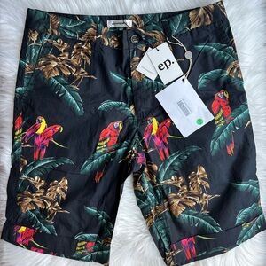 🆕 Eleven Paris Men's Tropical Parrot Print Bermuda Shorts Size L Multicolor